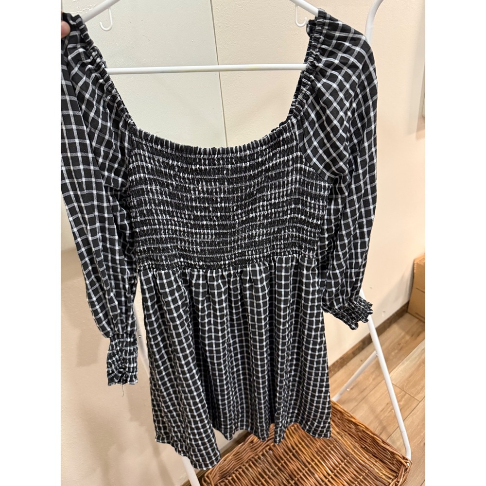 Plaid Fall Cottagecore Western Black White‎ Smocked Dress